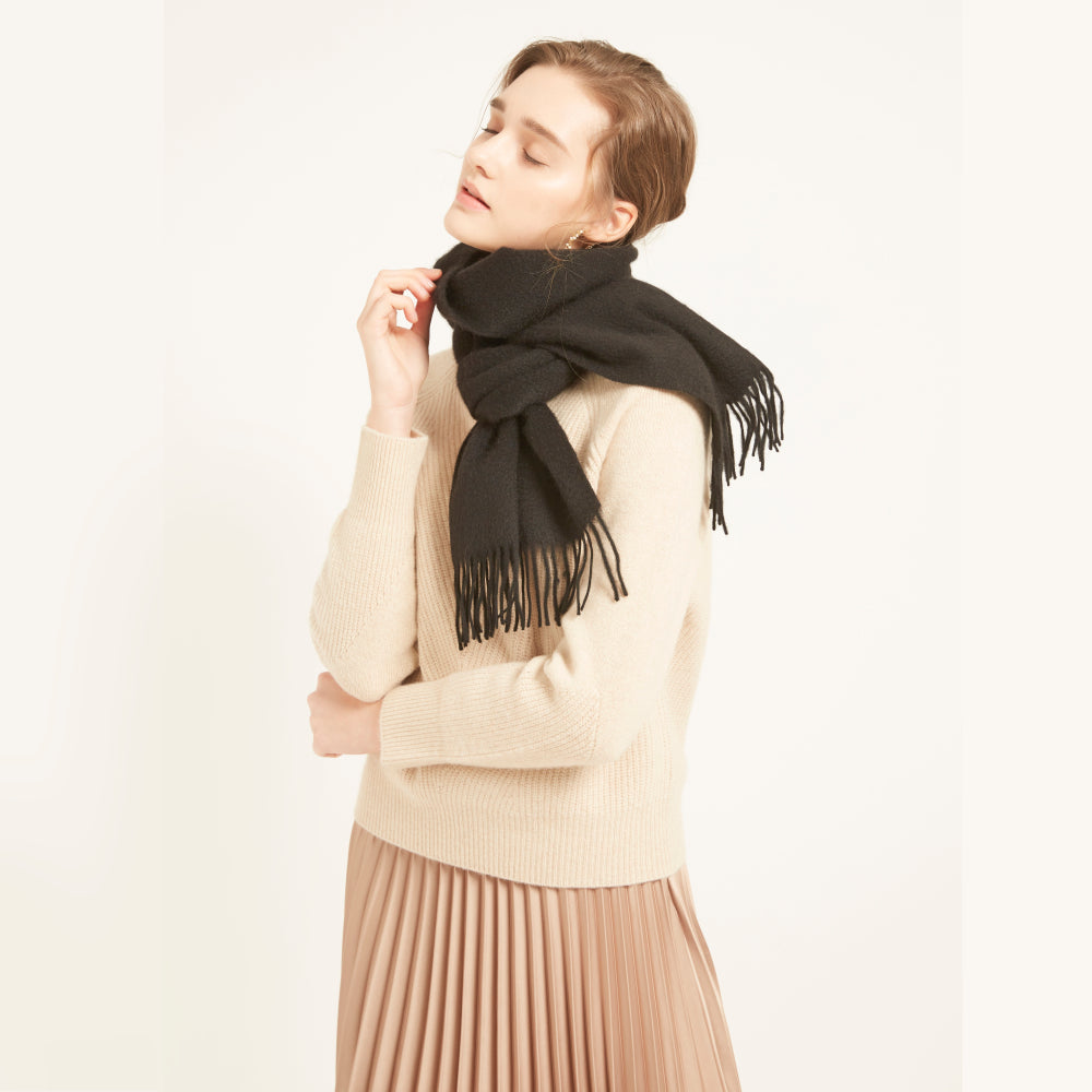 100% Yak Black Scarf with Fringe – SHOKAY