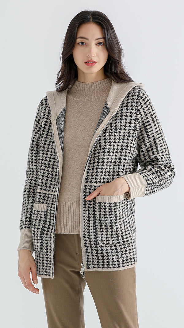 Shambala 100% Yak Houndstooth Cardigan with Hood