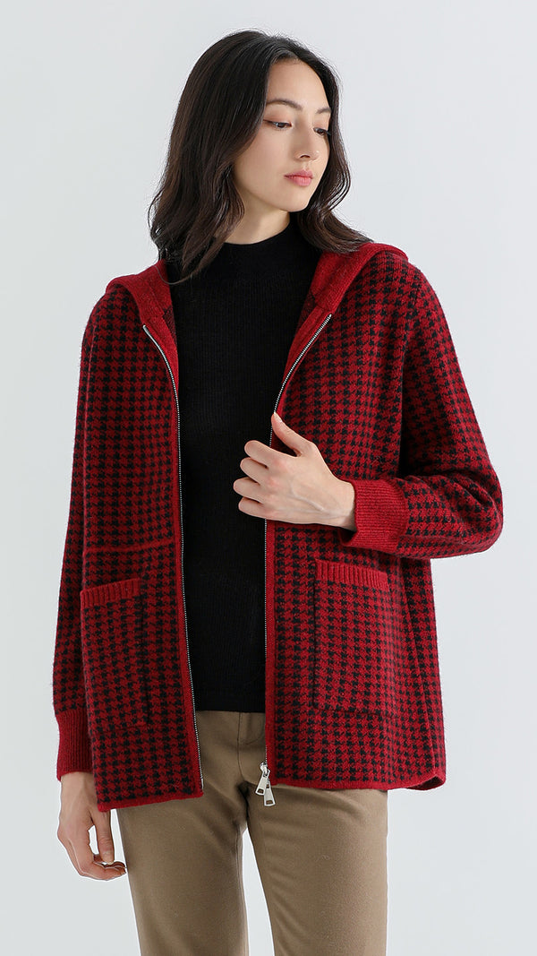 Shambala 100% Yak Houndstooth Cardigan with Hood